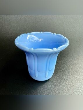 Vtg Fluted AKRO AGATE Slag Glass Planter Flowerpot Art Deco 3” Blue USA #2